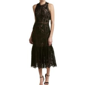 Rebecca Taylor Black Lace Cut Out Ruffle Tiered Midi Arella Dress